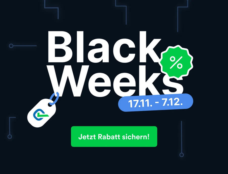 Dunkler Hintergrund, weißer Black Weeks-Text, grüne Rabatt-Badge, blaues Datum 17.11–7.12, grüner Button Jetzt Rabatt sichern