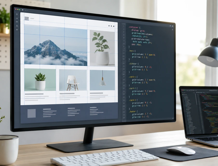 Arbeitsplatz mit großem Monitor, der eine Fotogalerie zeigt; daneben Laptop, Tastatur, Maus, Pflanze, Lampe und Tasse.