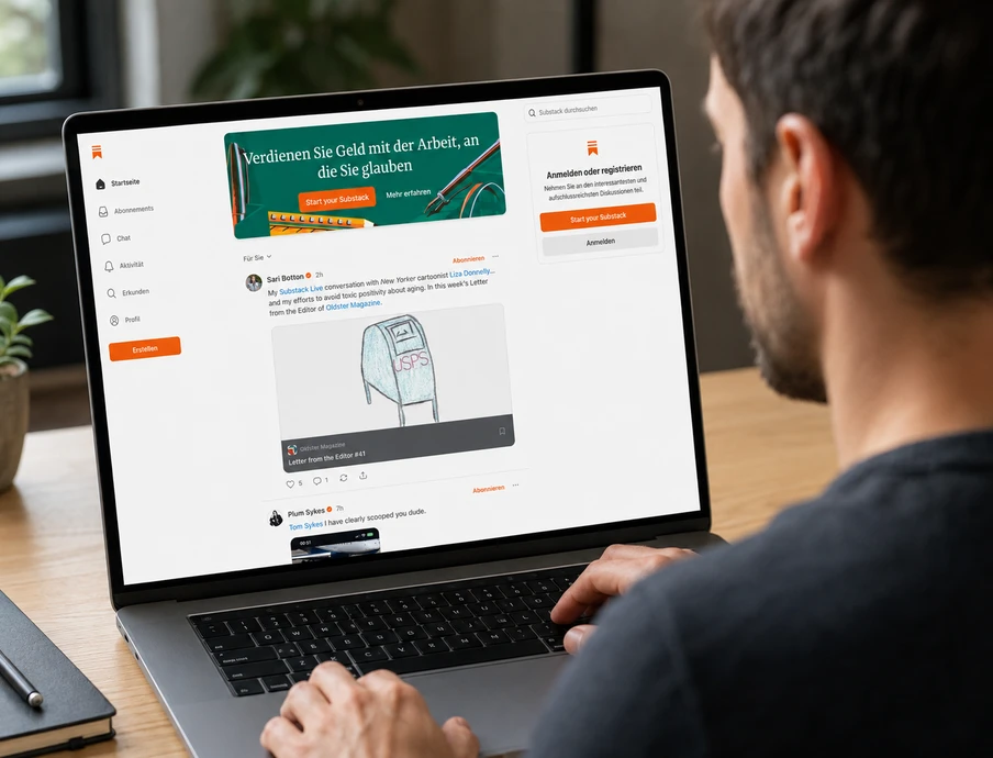 Person von hinten vor Laptop; Bildschirm zeigt Feed mit Bannern, Textbeiträgen, Seitenleiste und orangefarbenen Buttons.