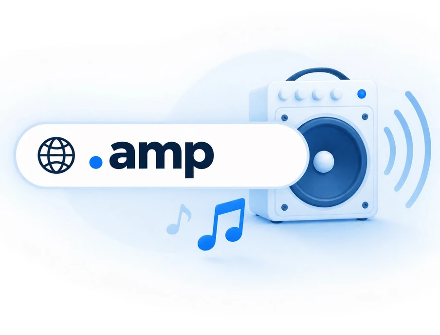 Weißer Lautsprecher mit blauem Treiber rechts; Banner mit .amp und Globus links; blaue Musiknoten darunter.