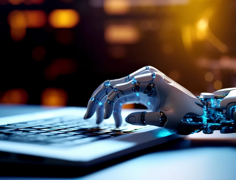 Robot hand typing on the computer. The concept of artificial intelligence replacing a human in dealing with another human. Ai generative
