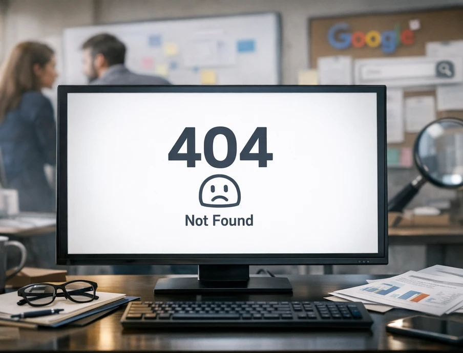 Computerbildschirm zeigt 404 Not Found mit Smiley; Schreibtisch mit Brille und Unterlagen, Hintergrund mit zwei Personen.