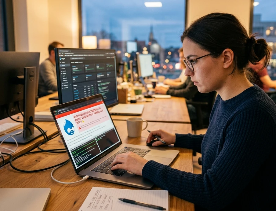 Eine Frau mit Brille sitzt an Laptop und Monitoren an einem offenen Büro-Arbeitsplatz.