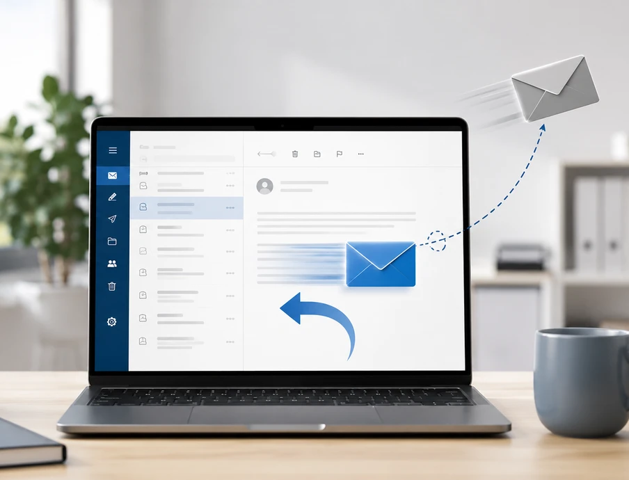 Laptop mit E-Mail-Client, blauem Briefumschlag und Pfeilbogen; Pflanze links, Kaffeetasse rechts, Büro im Hintergrund.