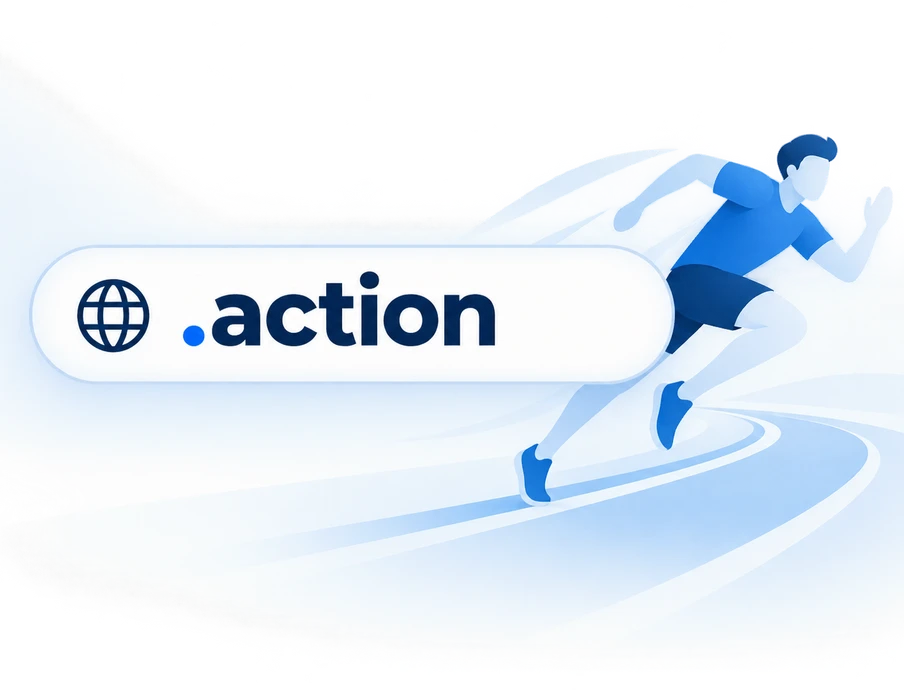 Weißes, ovales Logo-Feld mit Globus-Symbol und Text '.action', daneben stilisierte blaue Läufer auf einer Kurve.