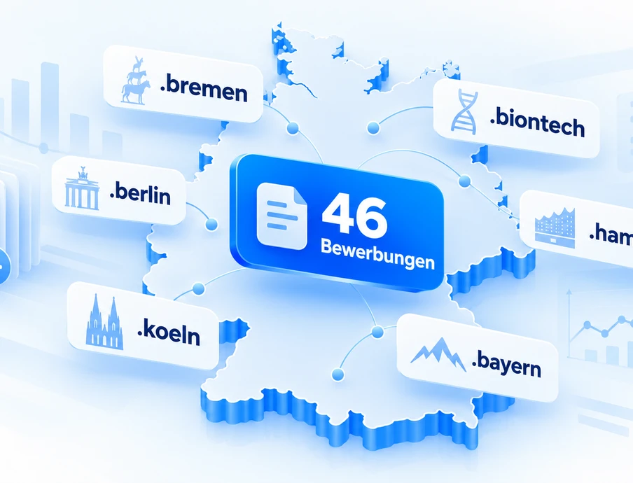 Blau-weiße 3D-Deutschlandkarte mit Markern; zentrale Anzeige '46 Bewerbungen' – Berlin, Bremen, Köln, Hamburg, Bayern, Biontech.