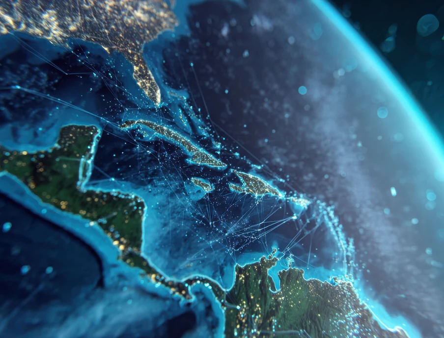 Ansicht der Erde aus dem Weltraum: beleuchtete Kontinente, Küstenlinien, dunkler Ozean und blaue Atmosphäre am Rand.