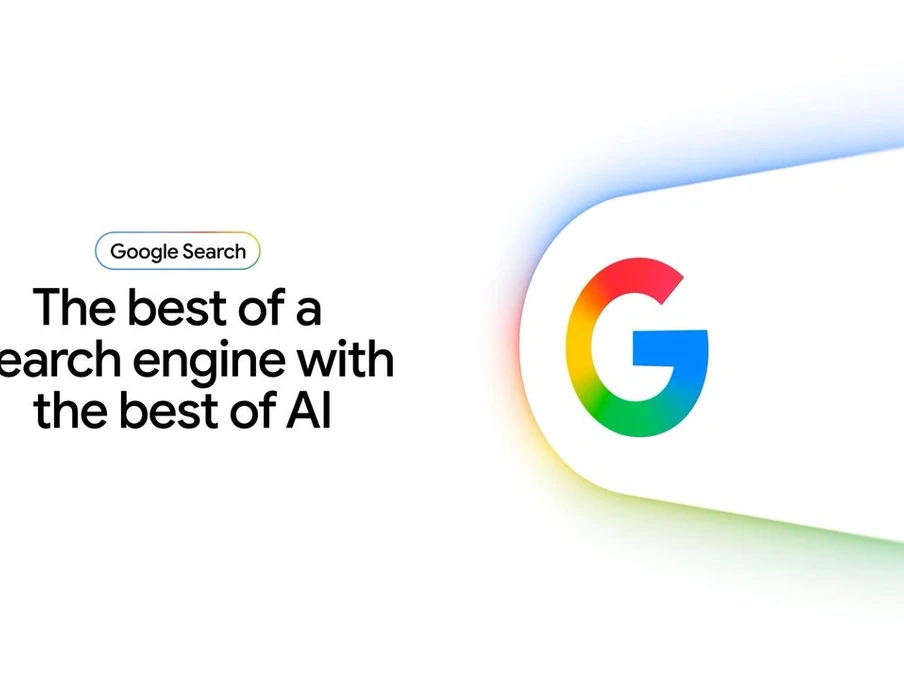 Linke Seite: Google Search-Label und der Satz 'The best of a search engine with the best of AI'; rechts farbiges Google-G Logo.