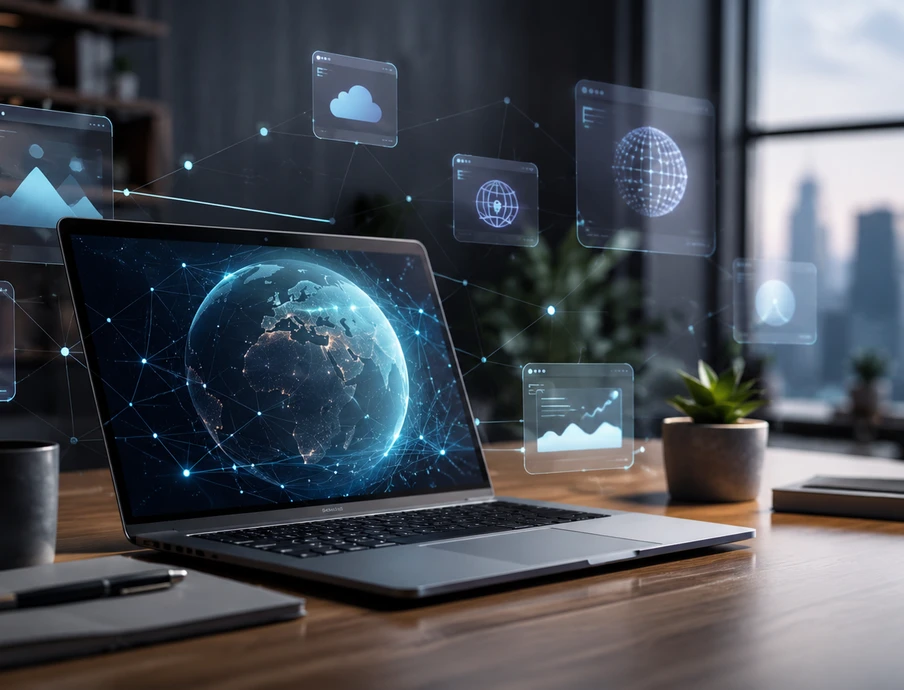 Laptop auf Holzschreibtisch, umgeben von holografischen Icons (Erde-Globus, Diagramme, Wolke); Fenster mit Stadtblick.