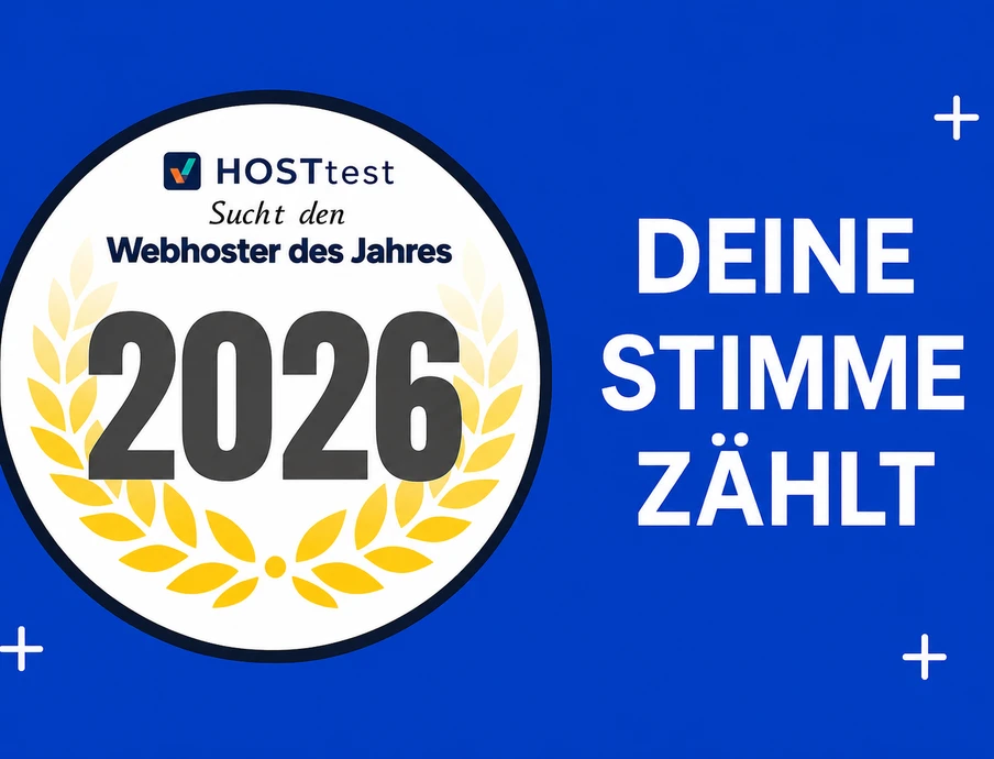 Blauer Hintergrund; links runde Plakette mit Lorbeerkranz und der Ziffer 2026, rechts weißer Text DEINE STIMME ZÄHLT.