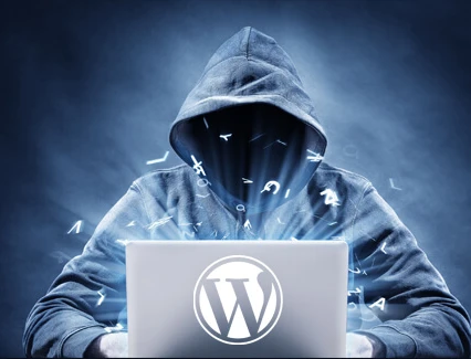 Person in Kapuzenpulli vor Laptop mit WordPress-Logo; blaue Beleuchtung, Nebel im Hintergrund.