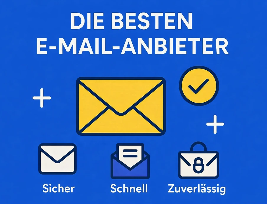 Blauer Hintergrund, zentraler gelber Briefumschlag; drei Symbole unten: Sicher, Schnell, Zuverlässig.