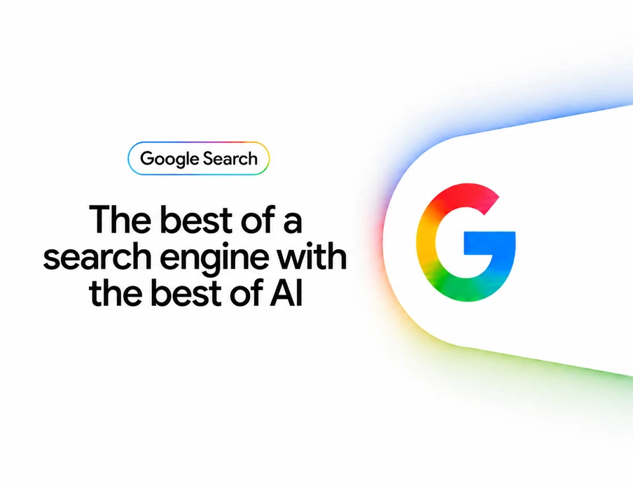 Weißer Hintergrund; links eine Textzeile und ein kleines Google Search-Logo; rechts ein großes, farbiges G-Symbol.