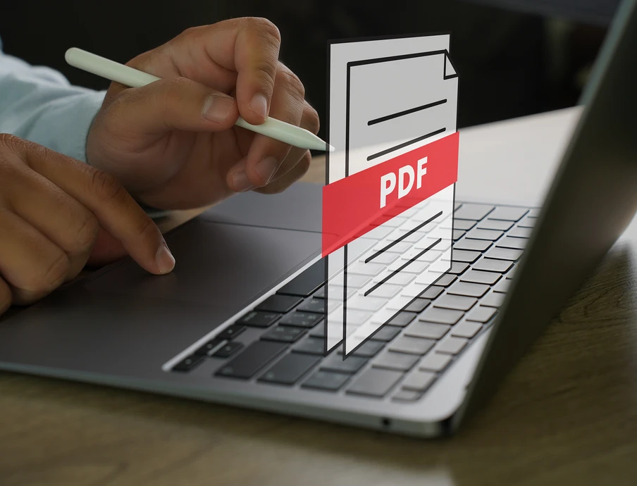 Nahaufnahme einer Hand mit Stylus über einer Laptop-Tastatur; davor ein 3D-Dokument-Icon mit rotem PDF-Band.