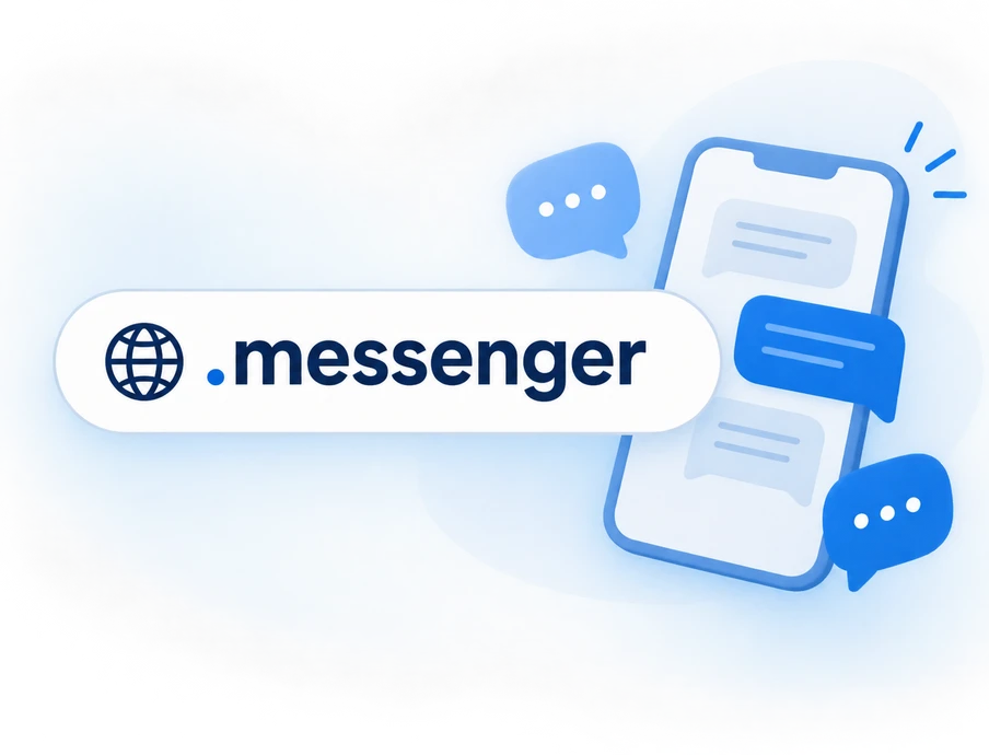 Logo .messenger auf weißer, abgerundeter Fläche; blaues Smartphone mit Chat-Bubbles vor hellem Hintergrund.