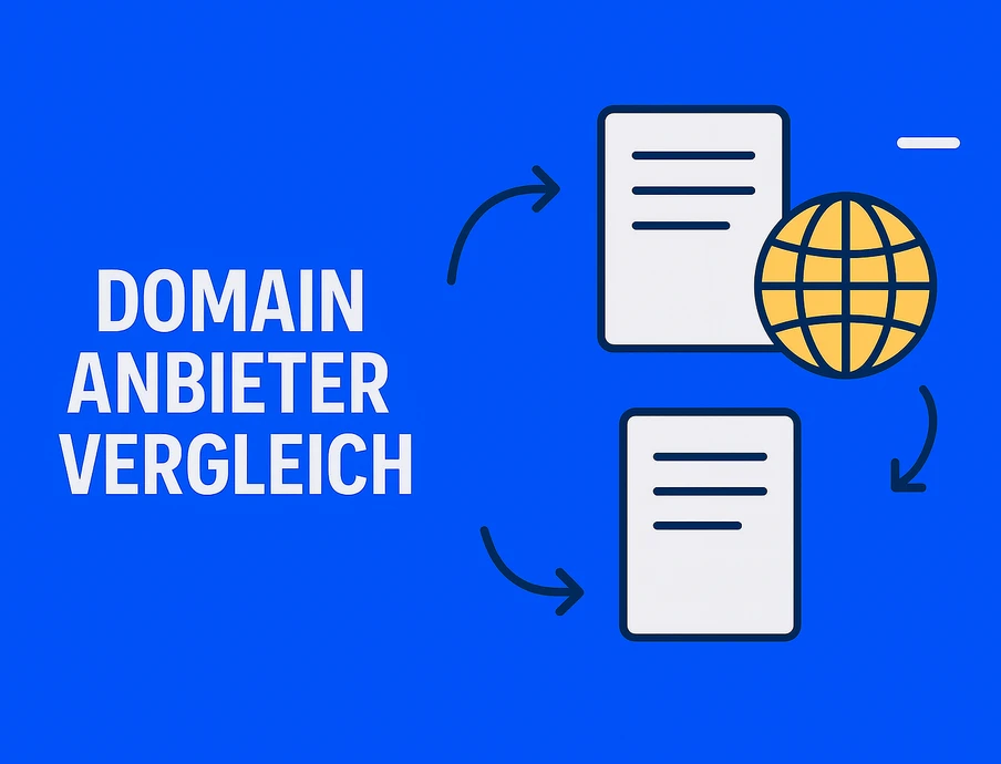 Blauer Hintergrund; links der Text DOMAIN ANBIETER VERGLEICH; rechts zwei weiße Dokumente, Globus-Symbol und Pfeile.
