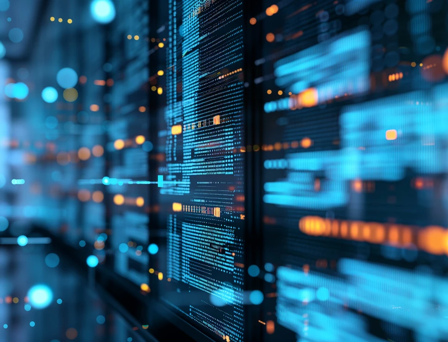 Serverracks mit blauen LEDs und orange Leuchten in einem Rechenzentrum, Spiegelungen und Kabel sichtbar.