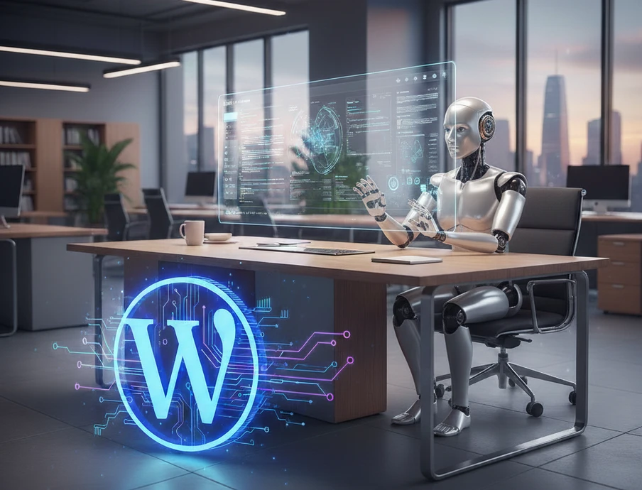 Ein Roboter sitzt an einem Schreibtisch mit holografischen Monitoren; vorne leuchtet ein blaues W-Symbol mit Schaltkreisen.