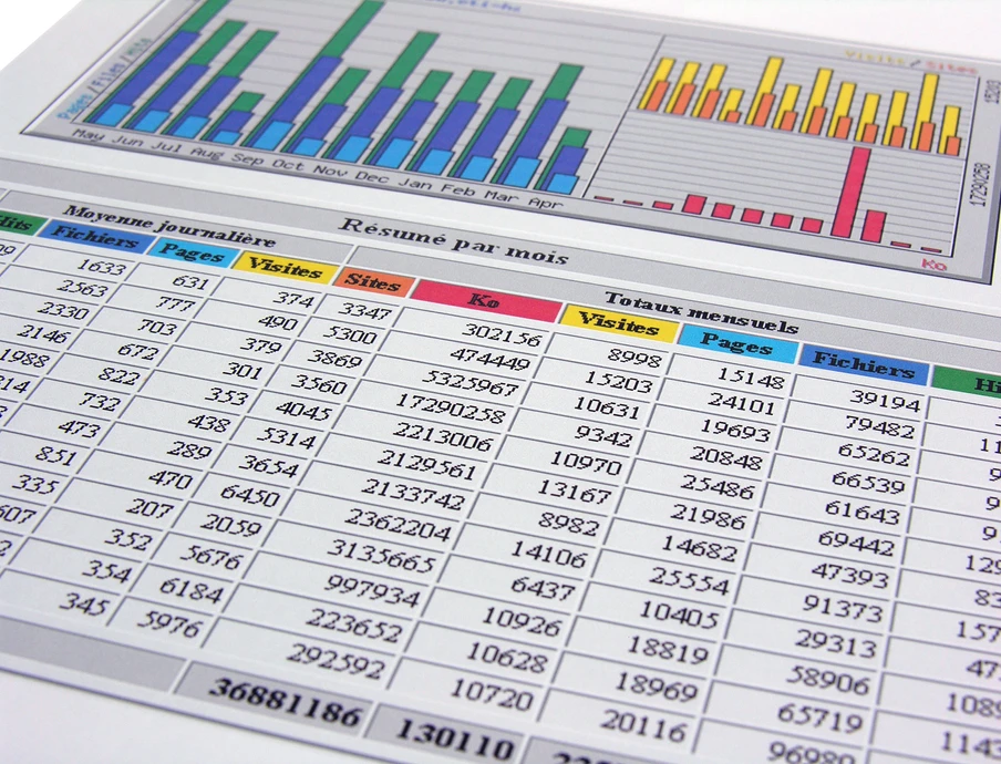 Gedruckte Seite mit Tabellen voller Zahlen und mehrfarbigen Balkendiagrammen (blau, grün, gelb).