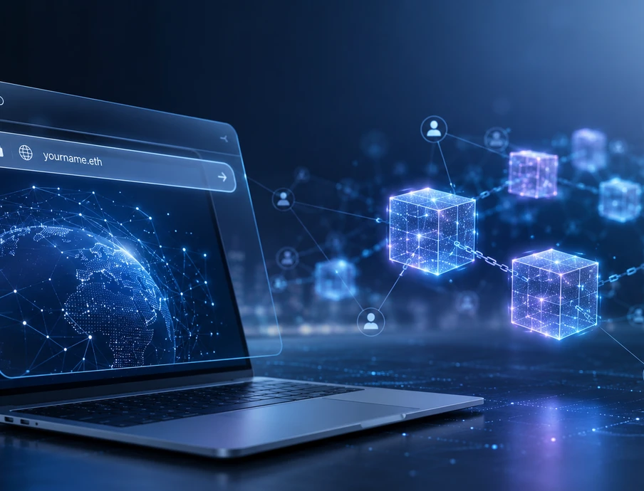 Ein offener Laptop mit blau leuchtender Netzwerk-Globus-Grafik; Hintergrund: schwebende, leuchtende Würfel und Verbindungen.