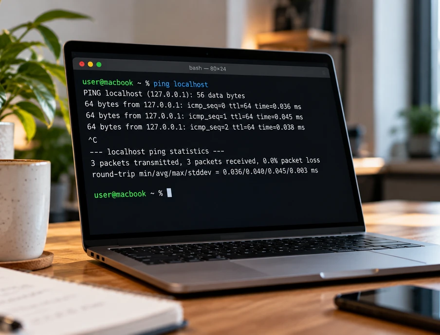 Laptop mit geöffnetem Terminal-Fenster auf Holztisch; daneben Pflanze, Tasse, Notizbuch und Smartphone, Fenster im Hintergrund.