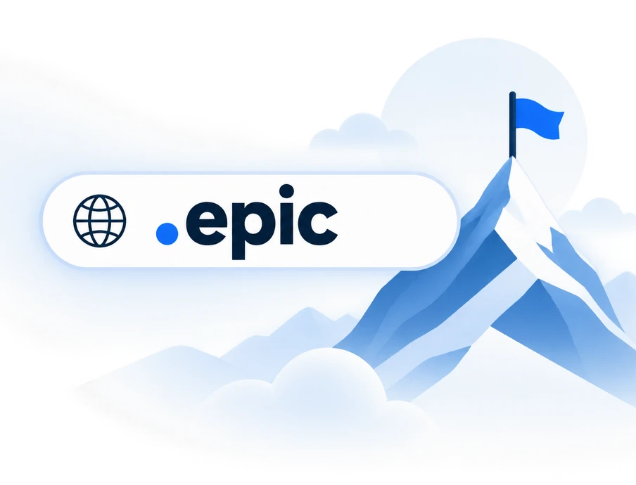 Ein weißes, abgerundetes Banner mit Globus-Symbol und '.epic' vor blauem Bergpanorama mit Wolken und Flagge.