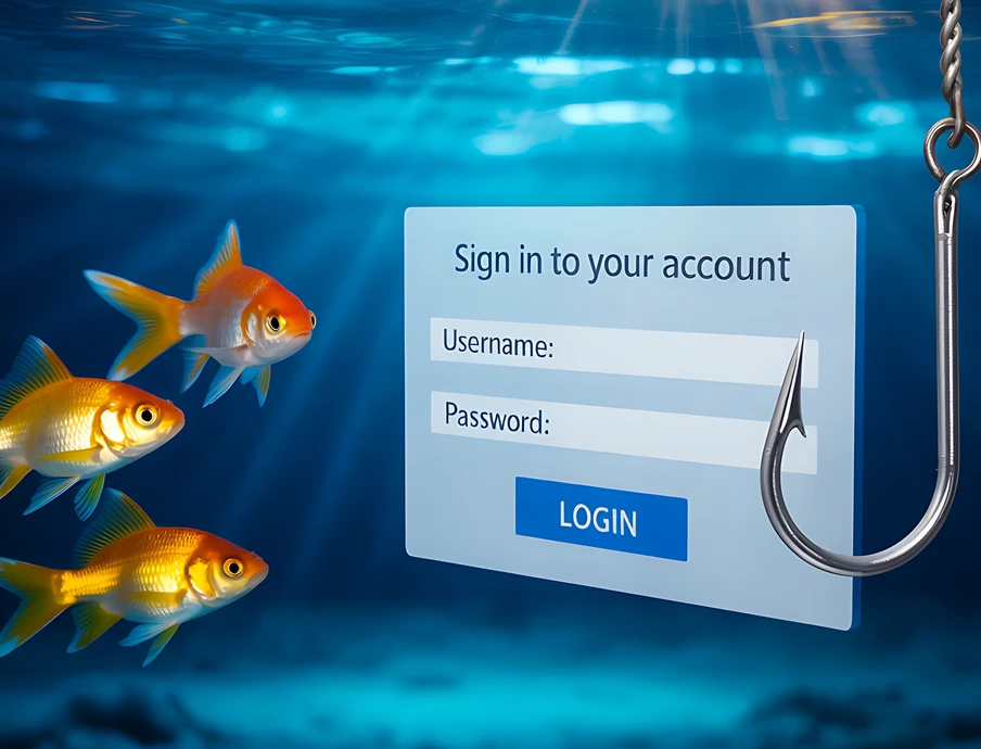 Unterwasserbild: Drei orange Fische links, ein Anmeldeformular mit Username, Password und LOGIN-Button, neben ein Angelhaken.