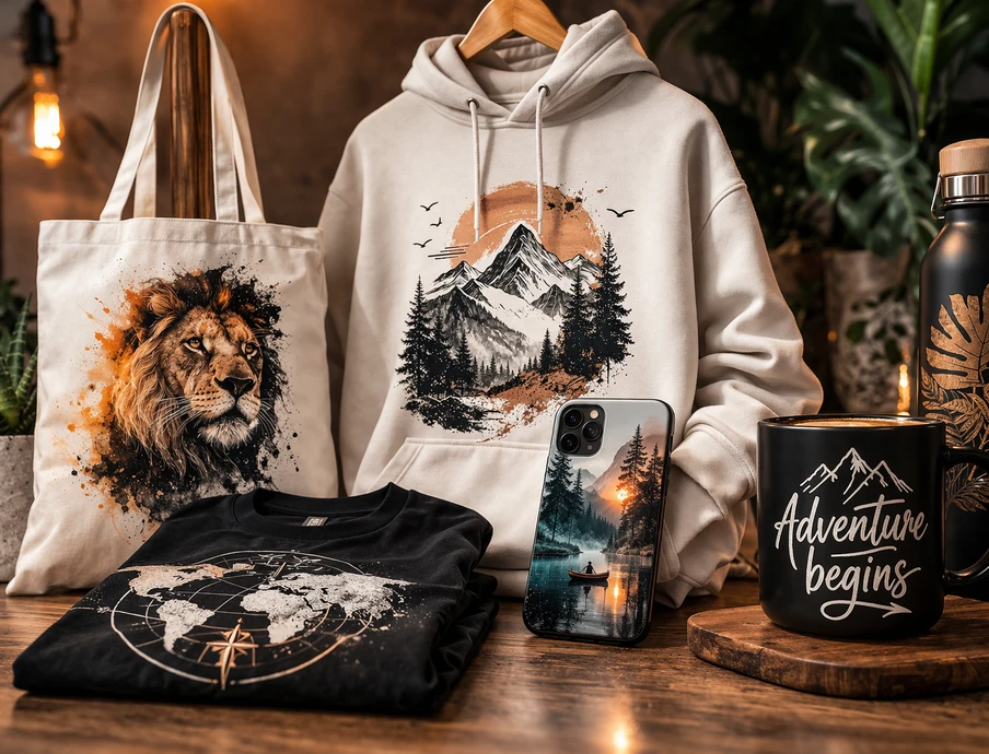 Vorne: Löwen-Totebeutel, Hoodie mit Bergen, Shirt mit Kreis-Motiv, Smartphone mit Bergmotiv, Becher 'Adventure begins'.