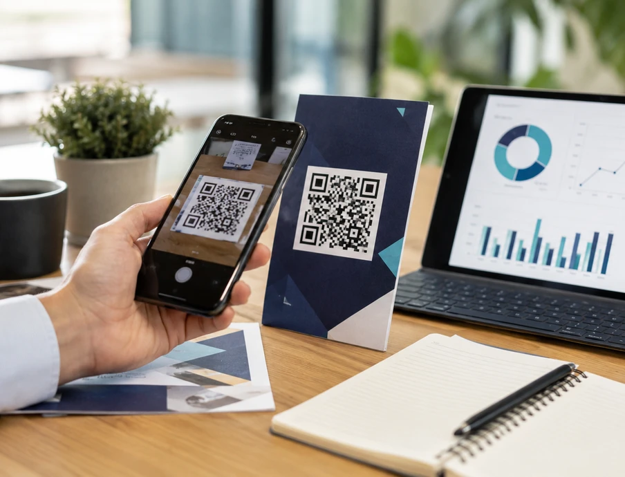 Person hält Smartphone mit QR-Code; daneben eine Karte mit QR-Code, Laptop mit Diagrammen, Notizbuch, Becher und Pflanze.