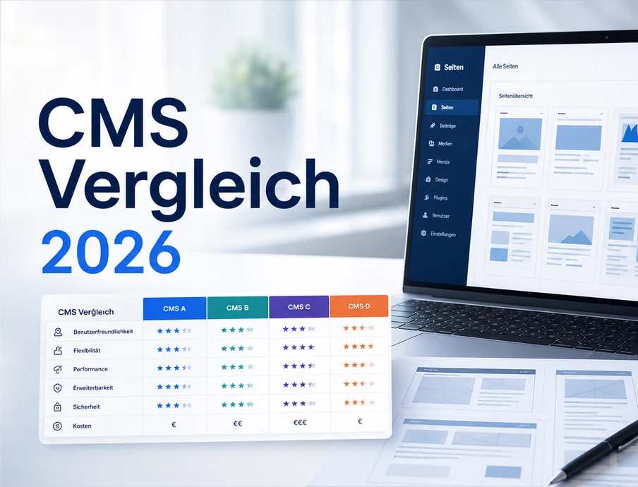 Laptop mit Dashboard-Diagrammen auf Schreibtisch; daneben CMS-Vergleich-Flyer, Notizbuch, Stift, Pflanze.