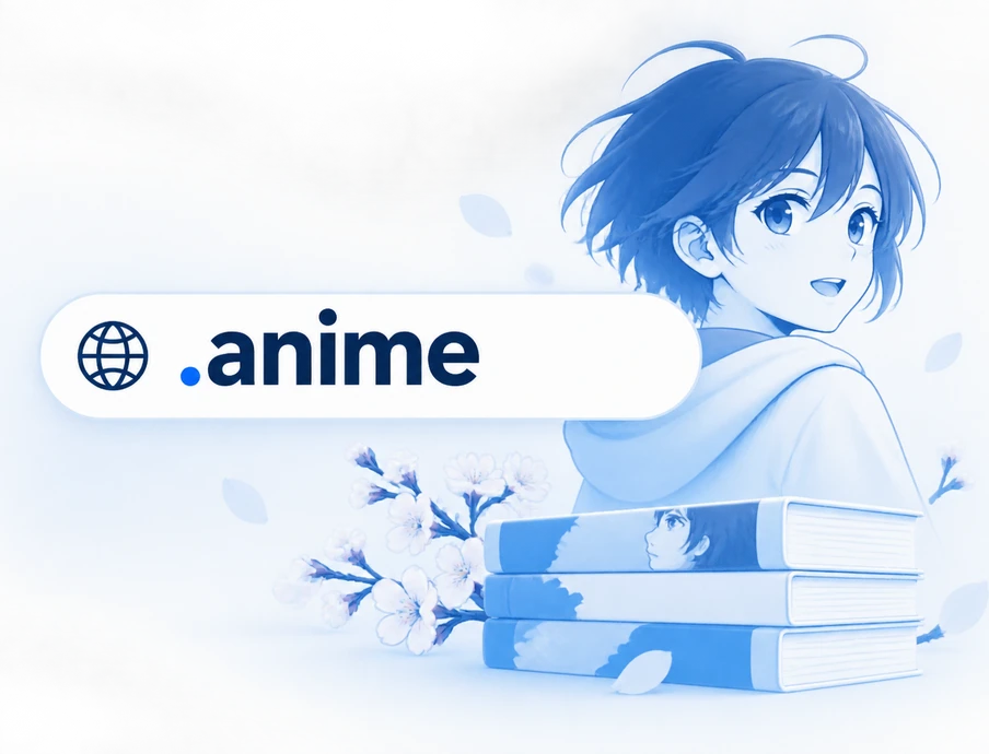 Anime-Stil-Zeichnung eines Charakters in Hoodie; links Logo .anime, rechts Bücherturm mit Porträt, Blumen.