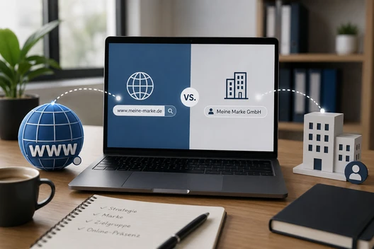 Laptop auf Holztisch, Bildschirm geteilt: links Globus-Icon und Suchleiste; rechts Gebäude-Silhouetten; Notizbuch Tasse Pflanzen.