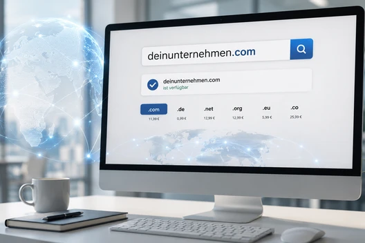 Monitor zeigt Suchseite mit deinunternehmen.com; Globus-Grafik links; Schreibtisch mit Notizbuch, Tasse und Pflanze.