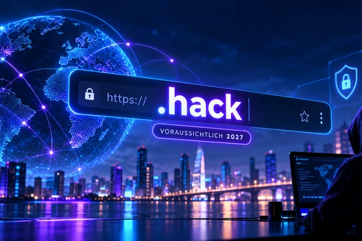 Nachtansicht einer futuristischen Stadt mit Neonlichtern; Globus mit Netzwerkverbindungen links; Browserleiste mit .hack.
