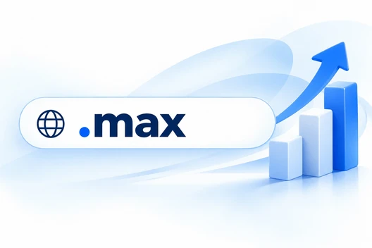 Blau-weiße Grafik: runde weiße Schaltfläche mit .max und Globus-Symbol; rechts steigendes Balkendiagramm mit Pfeil.