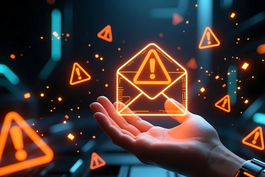 Eine Hand hält eine leuchtende Briefumschlag-Ikone mit Ausrufezeichen, umgeben von orangefarbenen Warnsymbolen vor dunklem Hintergrund.