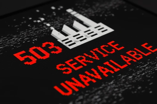 Schwarzer Bildschirm mit rotem Text 503 SERVICE UNAVAILABLE und weißem Fabrik-Symbol, umgeben von weißen Flecken.