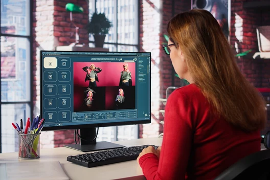 Person mit Brille und gelbem Schal sitzt vor Computerbildschirm mit pinker Website; Schreibtisch mit Pflanze und Stiften.