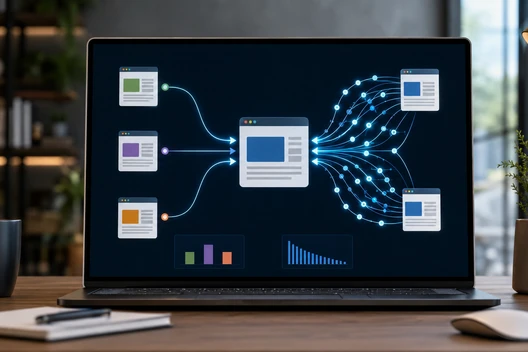 Laptop auf Schreibtisch; Bildschirm zeigt Diagramm aus vernetzten Knoten und Fenster-Icons.