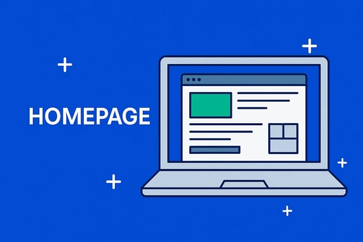Auf blauem Hintergrund ein offener Laptop mit Webseiten-Layout; links das Wort HOMEPAGE, von weißen Pluszeichen umgeben