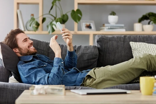 Junger Mann liegt auf grauem Sofa, schaut auf Smartphone; Wohnzimmer mit Regal, Pflanzen und Büchern im Hintergrund.