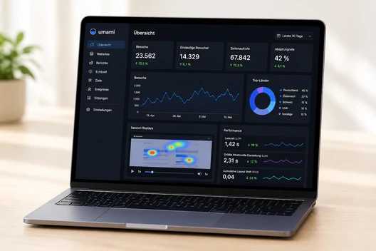 Offenes Laptop-Display zeigt ein dunkles Dashboard mit Diagrammen; Pflanze links im Hintergrund auf Holzschreibtisch.
