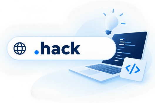 Weiße Wolke mit Laptop, Codeanzeige auf dem Bildschirm; abgerundete weiße Leiste mit '.hack' und Globus-Symbol links.