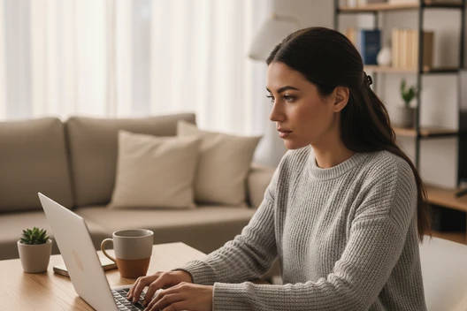 Frau sitzt am Laptop am Tisch; grauer Pullover, Kaffeebecher, kleine Pflanze; Sofa und Bücherregal im Hintergrund.
