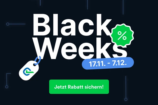 Dunkler Hintergrund, weißer Black Weeks-Text, grüne Rabatt-Badge, blaues Datum 17.11–7.12, grüner Button Jetzt Rabatt sichern