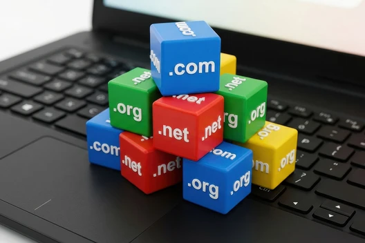 Mehrfarbige Würfel mit .com, .net und .org-Aufdruck stapeln sich auf einer Laptop-Tastatur.