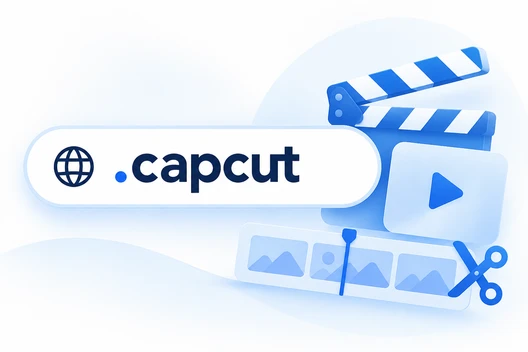 Blau-weißes Capcut-Logo mit Globus-Symbol, Filmklappe, Play-Symbol, Bearbeitungsleisten und Scheren-Symbol.
