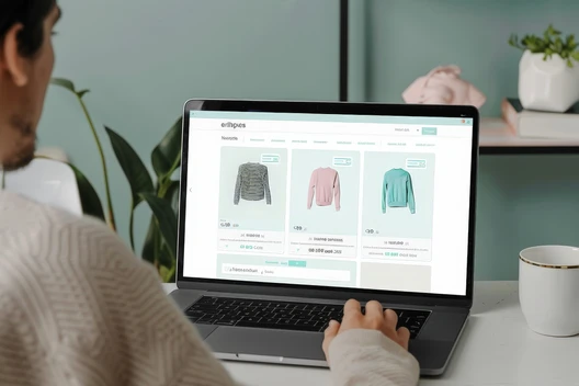 Person von hinten sitzt am Laptop; Bildschirm zeigt Kleiderseite mit Pullovern; Pflanze links, Kaffeetasse rechts.