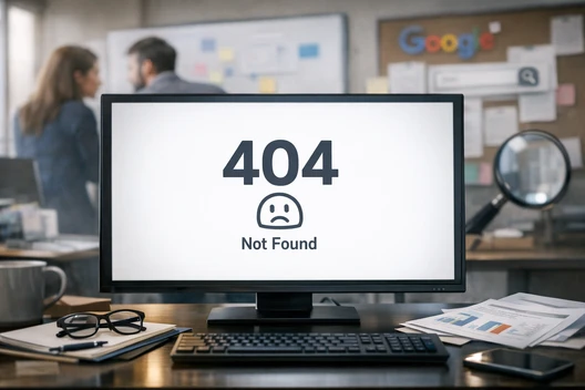Computerbildschirm zeigt 404 Not Found mit Smiley; Schreibtisch mit Brille und Unterlagen, Hintergrund mit zwei Personen.