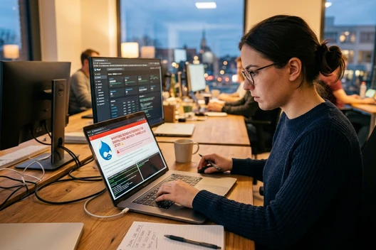 Eine Frau mit Brille sitzt an Laptop und Monitoren an einem offenen Büro-Arbeitsplatz.